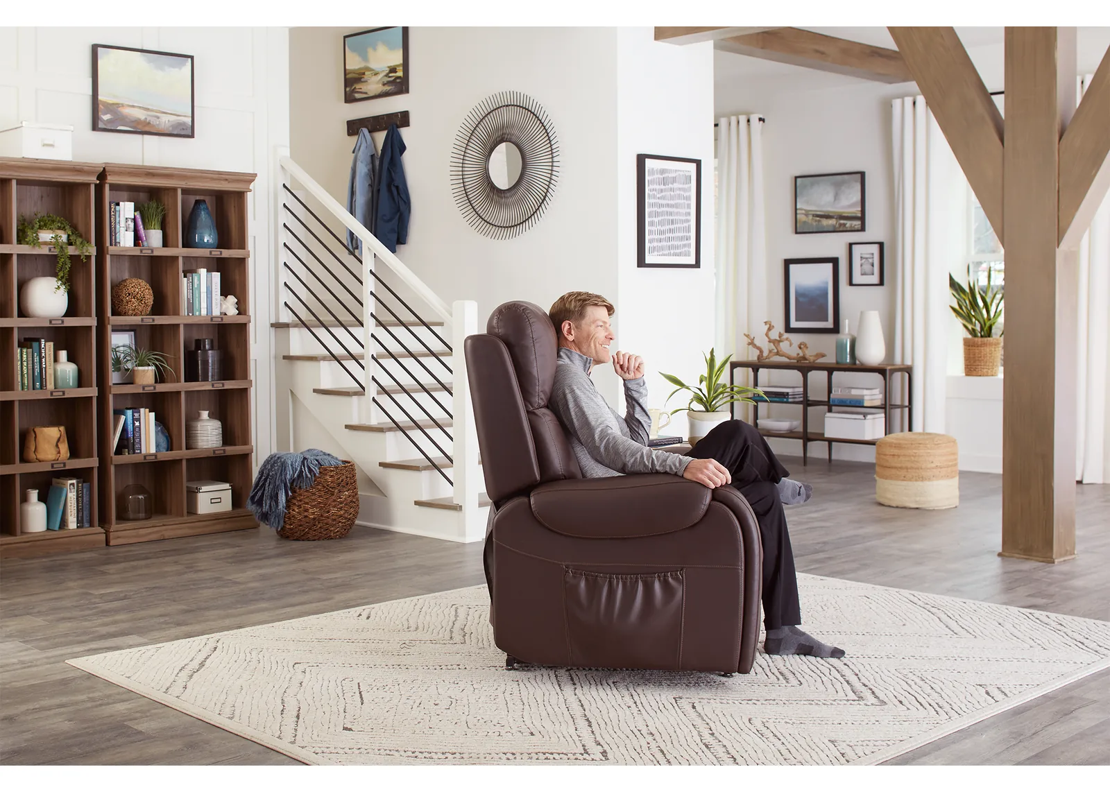 UltraCozy UC671 power recliner in Coffee Bean, seated upright