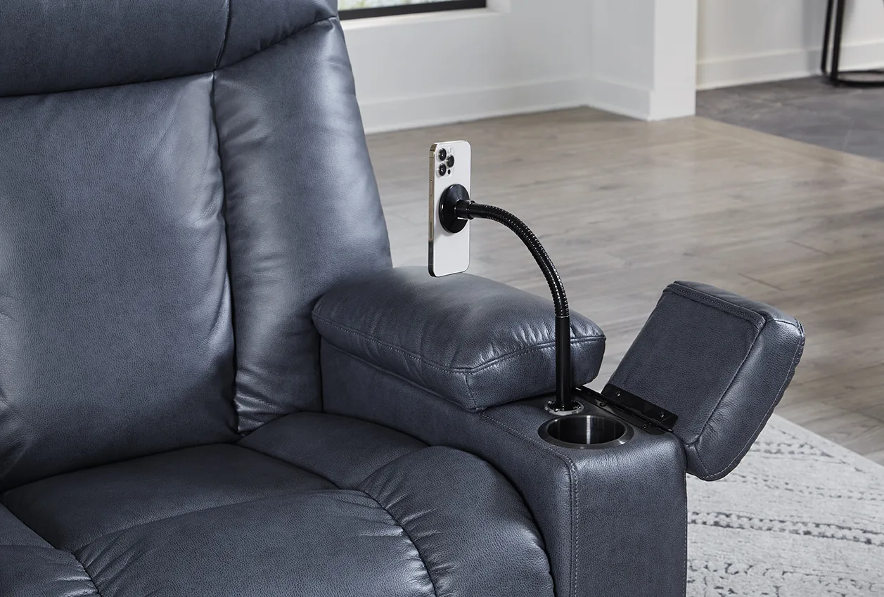 UltraCozy UC677 power recliner in Lagoon with the phone holder accessory