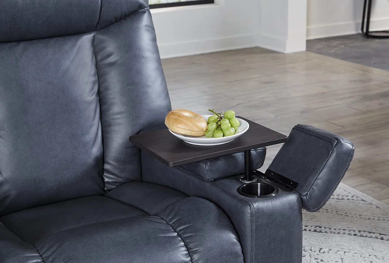 UltraCozy UC677 power recliner in Lagoon with the swivel tray table accessory