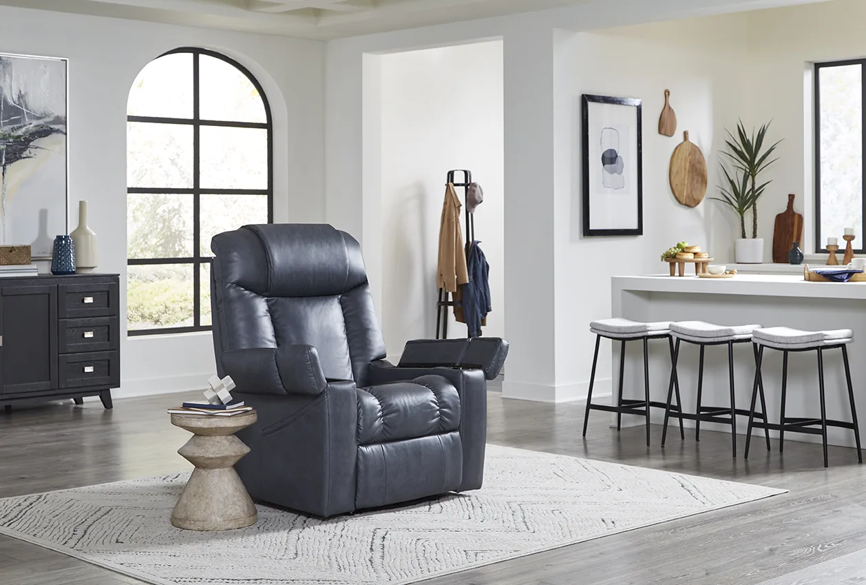 UltraCozy UC677 power recliner in Lagoon, in the seated upright position